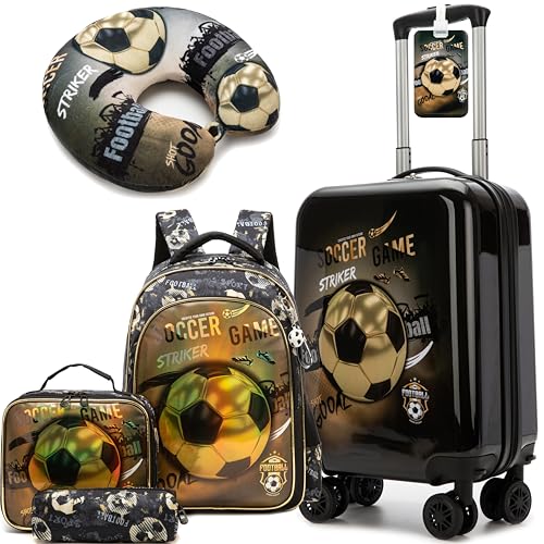 Inprof Kid’s Luggage Set 5 Piece Suitcase Set 16’’ Hardside Football Luggage with Spinner Wheels Boys Carry on Toddler Travel Rolling Suitcase Carry on Luggage Airline Approved