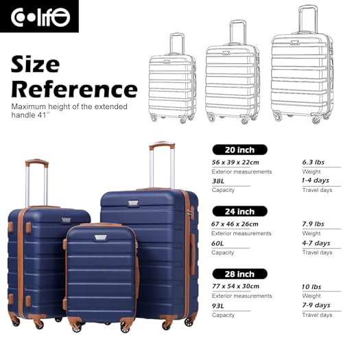 Coolife Luggage 3 Piece Set, Lightweight Durable Hardshell Suitcase set with 360° Spinner Wheels, TSA-approved Lock, Checked Family Travel Luggage sets, 20/24/28 Inch, Apricot Navy