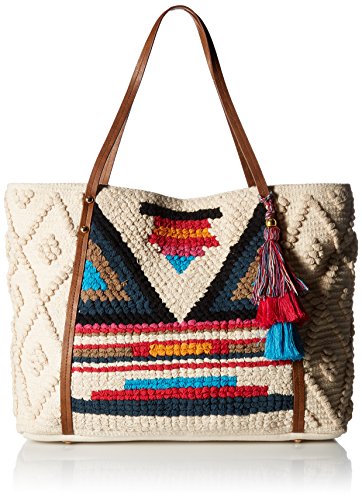 Steve Madden womens BALI BOHEMIAN TASSELED WOVEN PATTERNED FABRIC TOTE, BEACH BAG, multi, One Size