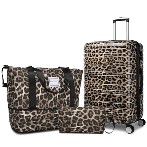 LARVENDER Luggage Sets 3 Piece, Hardside 20 IN Carry on Luggage Airline Approved PC+ABS Suitcase Set with Spinner Wheels TSA Lock, Lightweight Rolling Suitcase for Men and Women, Cheetah Print