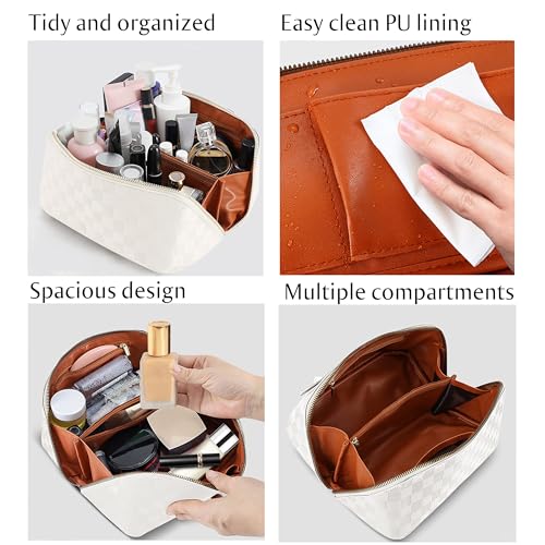 ALEXTINA Travel Makeup Bag, Large Capacity Cosmetic Bag for Women, Open Flat Make up Bag, Waterproof PU Leather Checkered Makeup Organizer Bag with Collapsible Handle,Toiletry Bag for Cosmetics, White