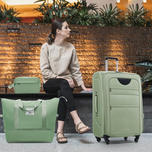 Merax Softside Luggage Set, Travel Suitcase Expandable Lightweight, 3 Piece Luggage Sets with Duffel Bag 22" 26" 30" Suitcase with TSA Lock Spinner Wheels,Light Green