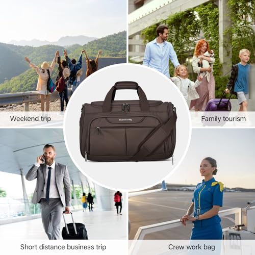Hanke Small Travel Duffel Bag, Under Seat Carry On Personal Item Bag with 11 Pockets, Lightweight Water Resistant Foldable Weekender Bag with Trolley Sleeve for Travel Gym Daily Use（Coffee）