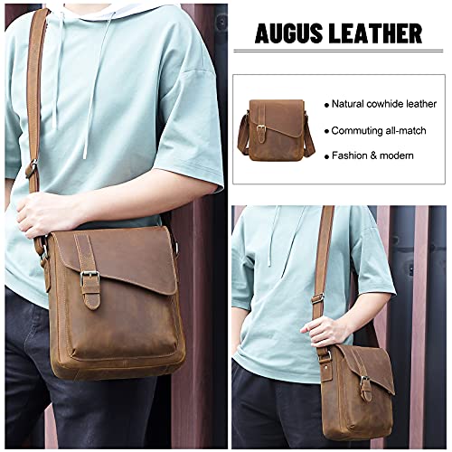 Augus Leather Messenger Bag Men's Crossbody Brown Fits Up to 11.5" Tablet