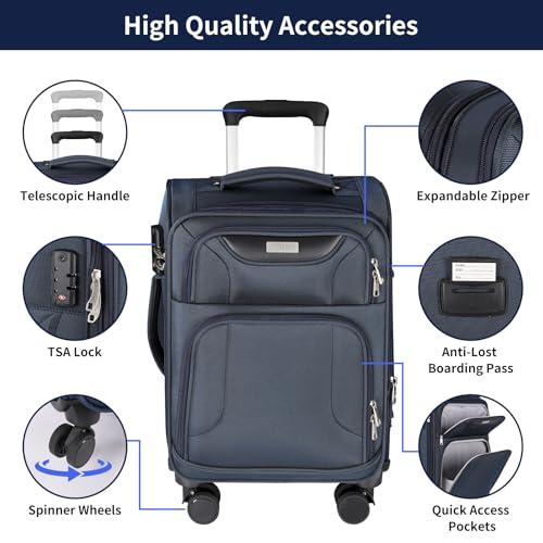 WireHot 3-Piece Softside Expandable Luggage Set with Front Open Pocket, Lightweight and Durable Oxford Fabric Suitcase Set with TSA Lock (Blue, 20in/24in/28in)