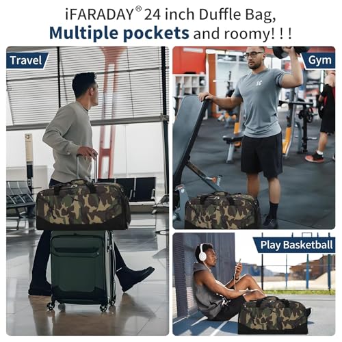 iFARADAY 47L Mens Duffel Bag for Travel with Shoe Compartment, Large Gym Bag for Men with Luggage Sleeve, Weekender Overnight Bag (Camouflage)