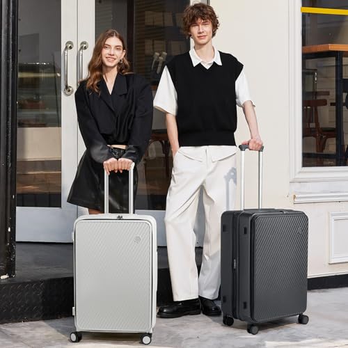 mixi 24 Inch Large Expandable Checked Luggage PC Hard Shell Suitcase Top Opening Rolling Travel Suitcases with Spinner Wheels & TSA Lock, Smoke White