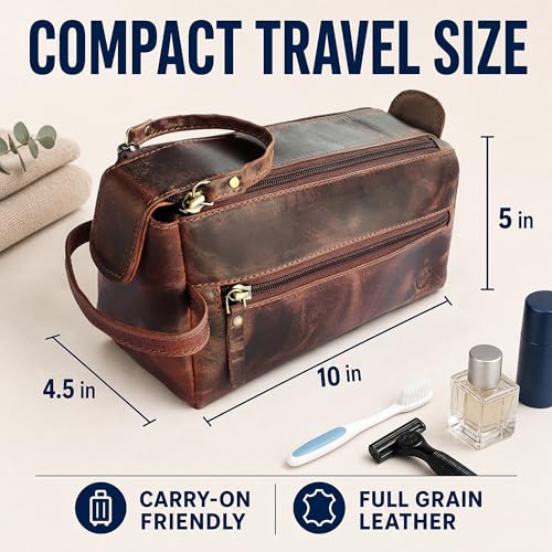 RUSTIC TOWN Leather Toiletry Bag – Stylish & Durable Ditty Kit with Water Resistant Lining – Travel Shaving Kit Organizer for Bathroom & Overnight Trips - Great Gift for Men & Women