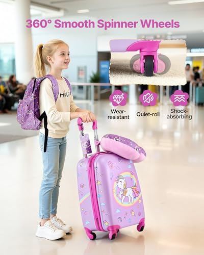 VEVOR Kids Luggage Set, 5 Piece, 18 Inch Hardside Rolling Wheels Suitcase with Backpack & U-shape Pillow, Unicorn Kids Carry on Luggage Set, Holiday Birthday Gift for Girls Boys, Airline Approved
