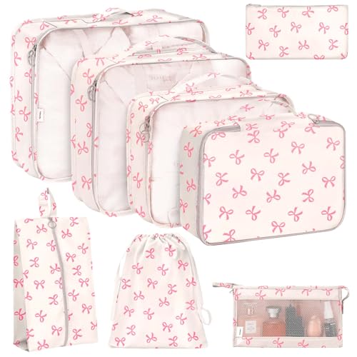 KPX 8 Set Packing Cubes for Travel, Luggage Packing Organizers Accessories Large Toiletries Bag for Clothes Shoes Cosmetics (8Set-Pink Bow)