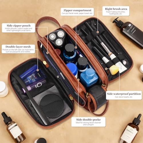 Personalized Toiletry Bag for Men,Engraved Mens Toiletry Travel Bag,Waterproof PU leather Toiletry Shaving Bag for Men Birthday Gift Ideas for Men Dad Husband Him,Anniversary Groomsmen Gifts Brown- M