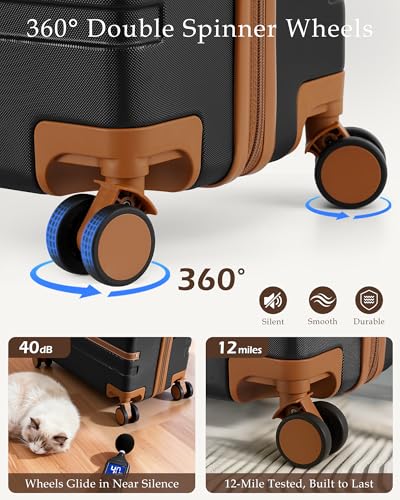 LONG VACATION Luggage Sets 5 Piece, Suitcases With Wheels, PC+ABS Hardshell Luggage Set with Spinner Wheels, TSA Lock (Black Brown)