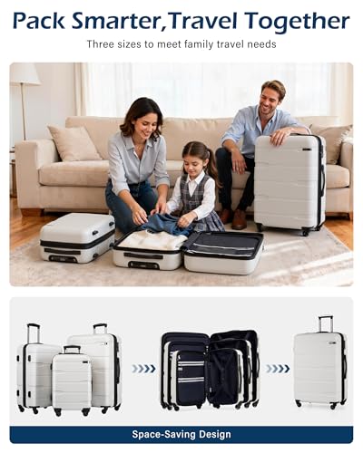 Coolife Luggage Set 3 Piece Hardside PC+ABS Suitcase with TSA Lock, Expandable Large Checked Luggage, Lightweight Rolling Carry On with Spinner Wheels(20/24/28 Inch, White)