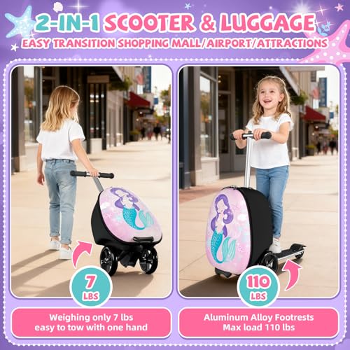 Baotree Scooter Suitcase for Kids, 2 in 1 Ride-on Luggage with Flash PU Wheels, Adjustable Handle & TPR Non-Slip Grip, Foldable & Lightweight, Ages 5-12