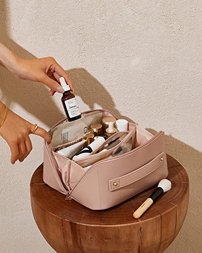 EACHY Travel Makeup Bag,Large Capacity Cosmetic Bags for Women,Waterproof Portable Pouch Open Flat Toiletry Bag Make up Organizer with Divider and Handle, Gifts for Women (Pink, Medium)