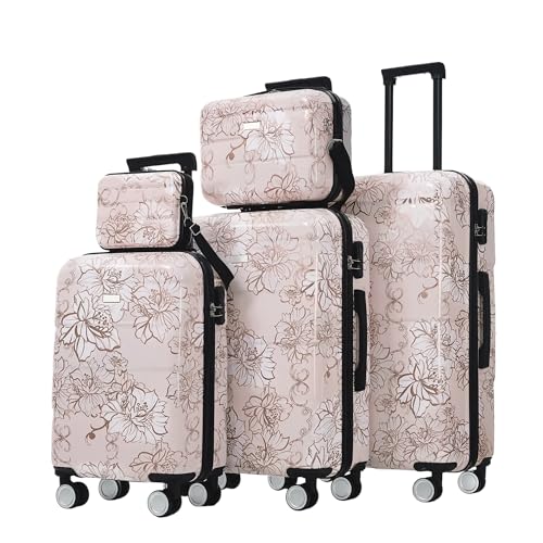 ApilithHive Luggage Sets 5 Piece PC Hardside Suitcase with Spinner Wheels & 3-Digit Lock, 20/24/28" Luggage +14" Cosmetic Case & 8" Handbag for Women (Pink Flower)