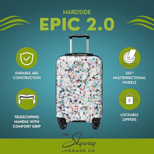 Skyway Epic 2.0 Hardside Lightweight and Durable ABS Shell Luggage, Spacious with Dual Spinning Wheels, Comfort Grip, Men and Women, Carry-on, 20-inch, Confetti