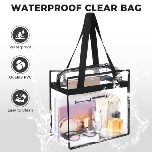 BAGAIL Clear Bags Stadium Approved Clear Tote Bag with Zipper Closure Crossbody Shoulder Bag with Adjustable Strap(12 Inch X 12 Inch X 6 Inch,Black)
