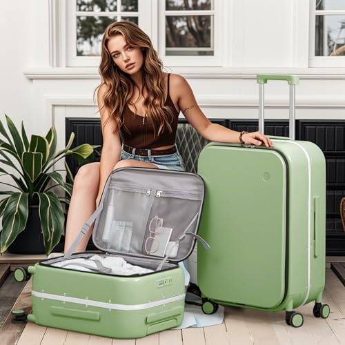 mixi 20 Inch Carry On Luggage 22x14x9 Airline Approved PC Hard Shell Suitcase Top Opening Aluminum Frame Travel Suitcases with Wheels, Avocado Green