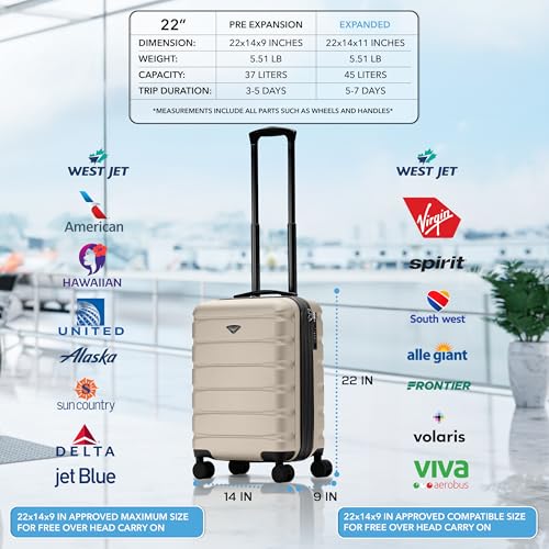 Flight Knight 22x14x9 Expandable Carry On Suitcase Hardside TSA Lock USB C Port Lightweight Luggage Silent Double Spinner Wheels Maximum Overhead Carry-On Bag American United Approved Champagne