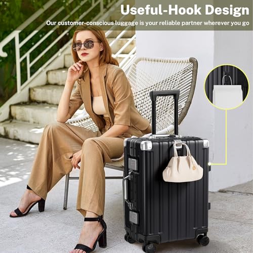 Krute Zipperless Luggage 24 Inch Aluminum Frame Suitcase with Spinner Wheels PC+ABS Hardide Checked Luggage TSA Approved No Zipper Travel Suitcase Black