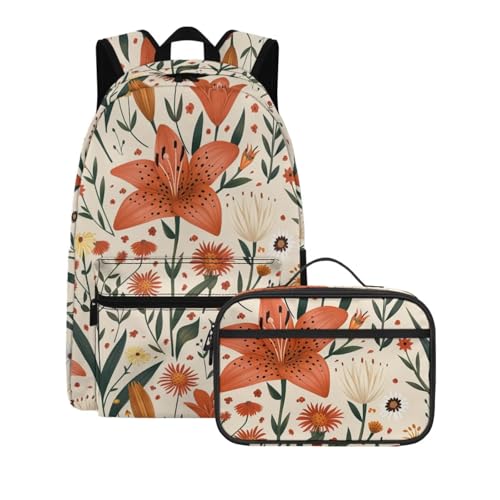 Warmkitty Pastoral Lily Blooms Print Colorful Pattern Kids Backpack Set 2pcs School Bookbag with Lunch Box for Boys Girls