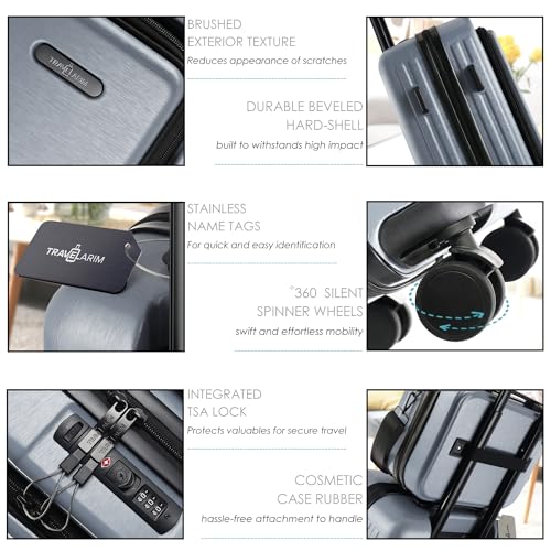 TRAVELARIM 20 Inch Carry On Luggage 22x14x9 Airline Approved, Carry On Suitcase with Wheels, Hard-shell Carry-on Luggage, Grey Small Suitcase, Hardside Luggage Carry On with Cosmetic Carry On Bag