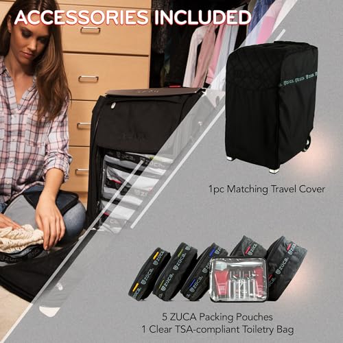 ZUCA Pro Carry On Luggage with Wheels - Black Bag and Black Frame, with 5 Packing Pouches, Travel Cover, and Built-In Seat