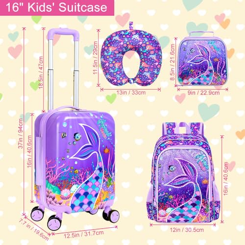 5-Piece Kids Luggage Set – Enchanting Hardshell Girls Suitcase with 360° Spinner Wheels, Lightweight Airline-Approved Carry-On (16") for Travel, Mermaid Purple