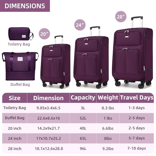LARVENDER Softside Luggage Sets 5 Piece Expandable Suitcases Set with Spinner Wheels TSA Lock, Lightweight Soft Shell Rolling Travel Luggage Set for Men and Women, Purple