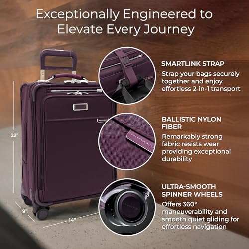 Briggs & Riley Essential 22" Carry On Expandable Spinner - Luggage for Travel, Suitcases with Wheels, Softside Rolling Bag for Men & Women, Self-Repairing Zipper - Baseline Collection, Plum
