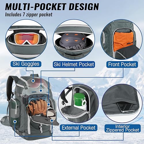 RESVIN Ski Boot Bag, 65L Durable Travel Backpack, 1680D Nylon Waterproof Snowboard Boot Bag, Skiing and Snowboarding Travel Luggage for Helmet, Goggles, Gloves, Outerwear & Accessories (Grey)
