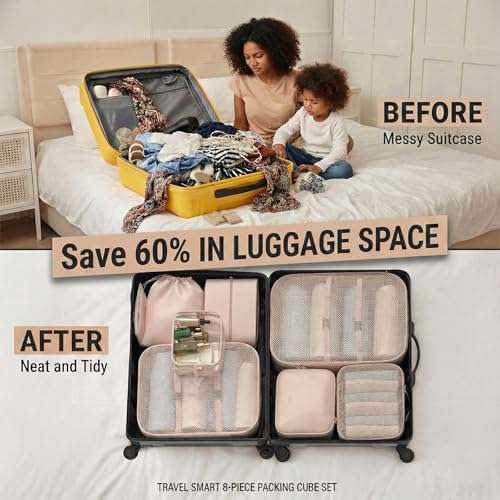 BLINGCOOL 8 Set Packing Cubes for Travel with Clear Toiletry Bag, Durable Luggage Packing Organizers, Carry-On Accessories, TSA Approved See-Through Cubes, Space-Saving Storage Bags, Gifts for Women