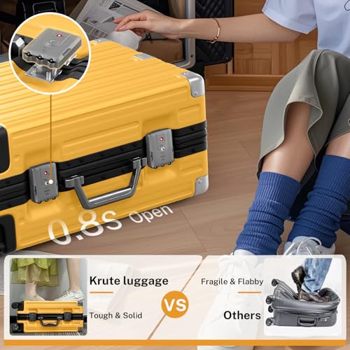 Krute Zipperless Luggage 24 Inch Aluminum Frame Suitcase with Spinner Wheels PC+ABS Hardide Checked Luggage TSA Approved No Zipper Travel Suitcase Yellow