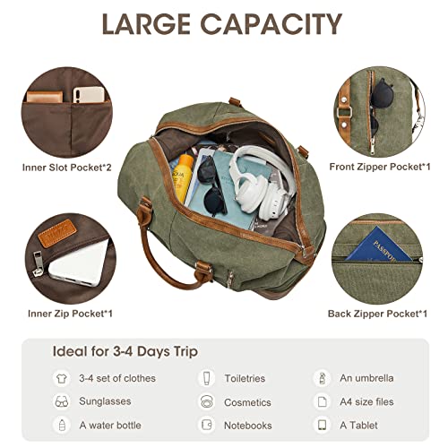 S-ZONE Weekender Bag for Men Canvas Duffle Large Weekend Overnight Travel Carry On Tote Bag with Shoe Compartment (Army Green)