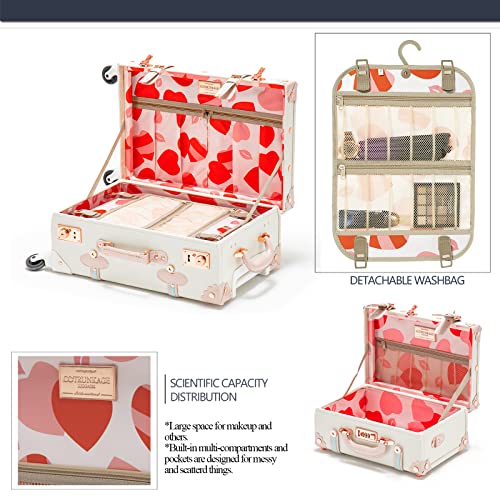 COTRUNKAGE Vintage Suitcases Set on Wheels, 20 Inch White Carry-on Luggage 2 Piece Set with 13" Hard Shell Train Case Womens, Cream White