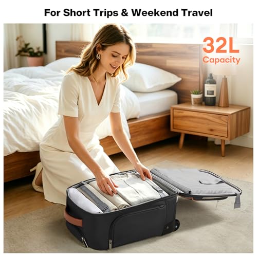 mixi 16 Inch Underseat Carry-On Luggage, Softside Suitcase with Wheels, Fashion Lightweight Water-Resistant Personal Item Travel Bag for Short Trips, Black-Off white