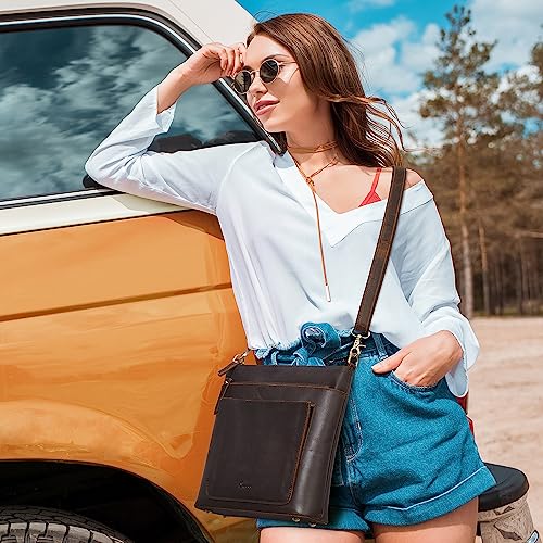 S-ZONE Leather Crossbody Bag for Women Vintage Cross Body Bags Shoulder Purse Ladies Medium Handbag with Multi Pockets