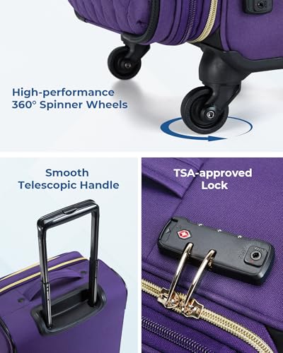 BAGSMART Softside Expandable Luggage Airline Approved with Spinner Wheels, 20 Inch Carry On Luggage 22x14x9 with TSA Lock, Quilted Rolling Suitcases for Women, Purple