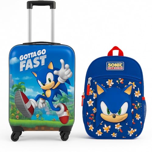 AI ACCESSORY INNOVATIONS Sonic the Hedgehog Kids Luggage and Backpack Set - 18" Luggage Suitcase With Wheels, 13.75" Backpack