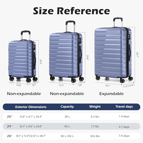 Coolife Luggage Sets, 3 Piece Hard Shell Suitcase Set with Spinner Wheels, Expandable Large Checked Luggage, Lightweight Rolling Carry On with TSA Lock Blue