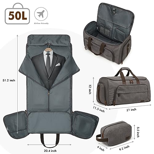 S-ZONE Carry On Garment Bag for Travel Convertible Garment Duffle Bag Suit Bags for Men Women Travel 2 in 1 Hanging Suitcase Business Travel Bag with Toiletry Bag, Gery, 50l