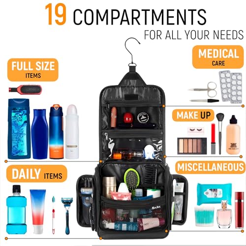 AvaJex Travel Toiletry Bag for Men - Large Dopp Kit (10.6"x10.6"x3.2") - Hanging Waterproof Mens Hygiene Organizer Bag with XXL Metal Swivel Hook, Sturdy Zippers and 19 Compartments for Toiletries