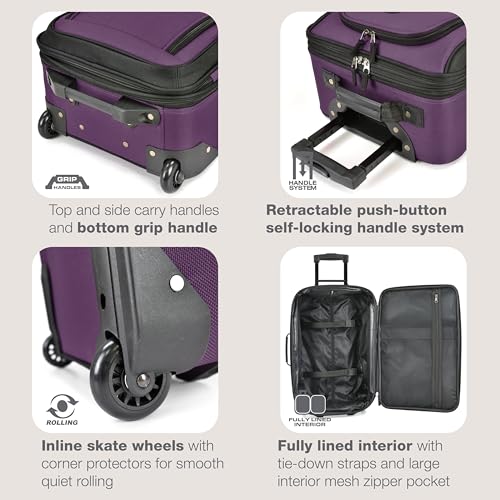 U.S. Traveler Rio Lightweight Softside Rolling Carry-on Suitcase, 2-Wheel Set, Purple