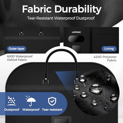 LAZYSEAL Garment Bag for Closet Storage and Travel 43-Inch Waterproof Dustproof Suit Luggage Bag Unisex Clothes Bag Durable 600D Oxford Fabric 2-in-1 Hanging Suit case Coat Bag for Man, Woman