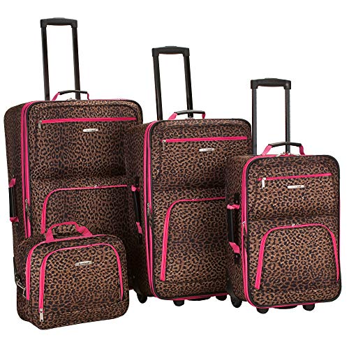 Rockland Fashion Softside 4 Piece Luggage Set, Expandable, (14" Tote/19"/24"/28"), Pink Leopard