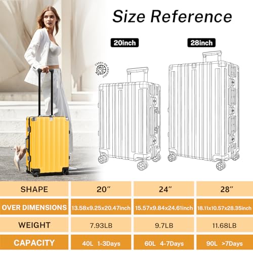 Krute Zipperless Luggage 24 Inch Aluminum Frame Suitcase with Spinner Wheels PC+ABS Hardide Checked Luggage TSA Approved No Zipper Travel Suitcase Yellow