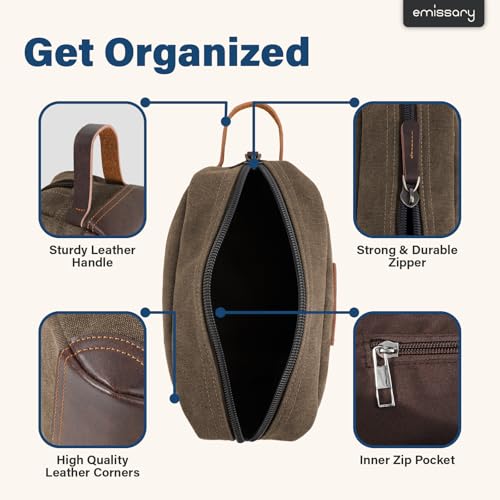 emissary Men's Toiletry Bag, Leather and Canvas Travel Toiletry Bag, Dopp Kit for Men, Travel Bathroom Bag Men's Shaving Kit, Travel Kit Small Bags for Men, Shaving Bag for Travel Accessories (Coffee)
