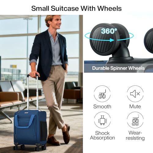 MILADA Underseat Carry On Luggage with Wheels, Airline Approved 16-inch Spinner Small Suitcase, Softside Travel Luggage, Personal Item Overnight Bag, Business Mini Suitcase for Women and Men, Blue