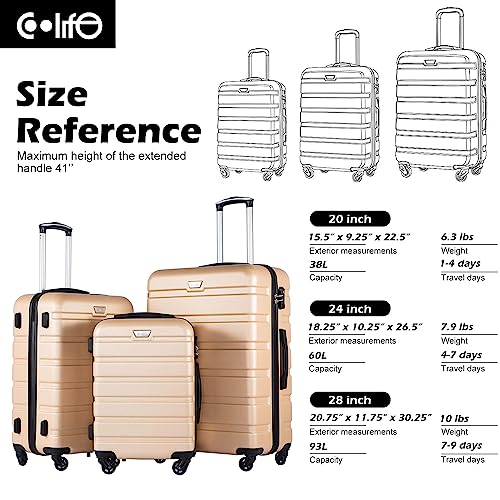 Coolife Luggage 3 Piece Set, Lightweight Durable Hardshell Suitcase set with 360° Spinner Wheels, TSA-approved Lock, Checked Family Travel Luggage sets, 20/24/28 Inch, Champagne New
